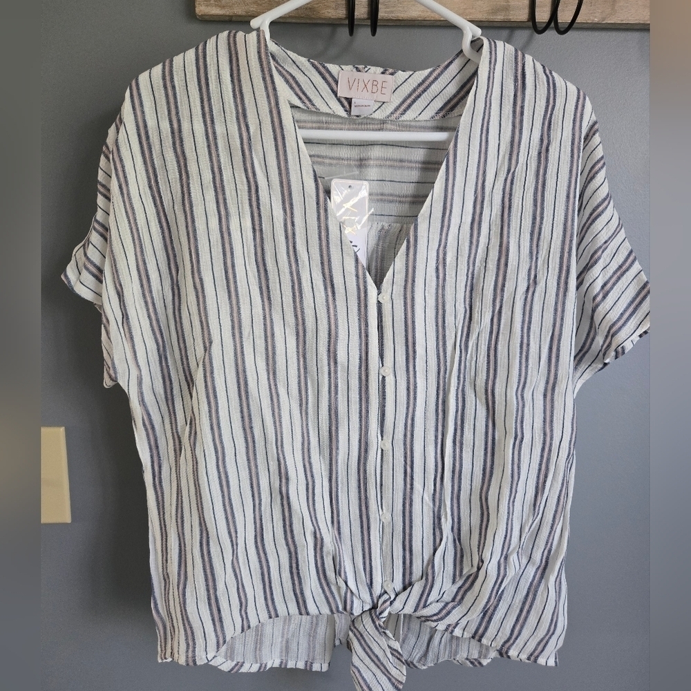 NWT Vixbe Striped Button-Front Tie Hem Blouse, Size Large